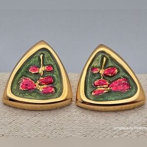 Red Roses & Green Leaves Enamel Handmade Vintage Gold-Tone Stud Earrings